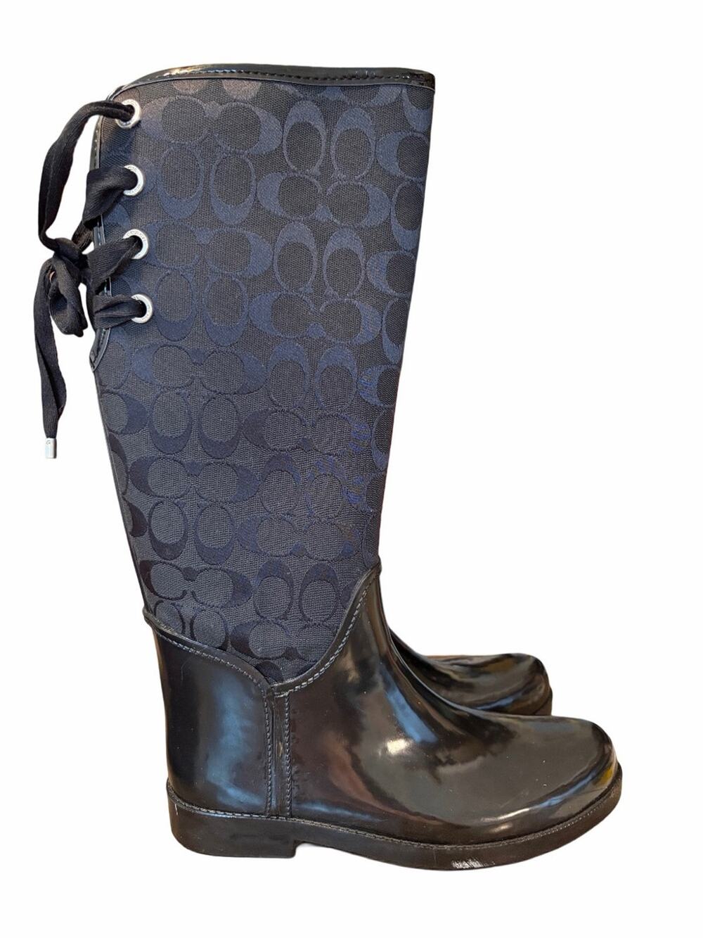Coach Tristee Black Signature Rubber Rain Boots Back Lace Up size 10 Lined
